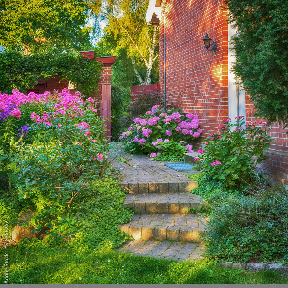 入口有灌木丛和植物。后院的石楼梯被热带植物包围