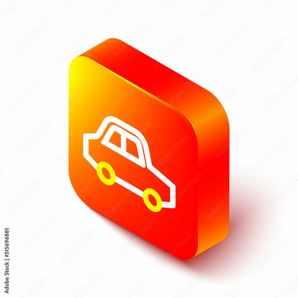 等距线玩具车图标隔离在白色背景上。橙色方形按钮。矢量