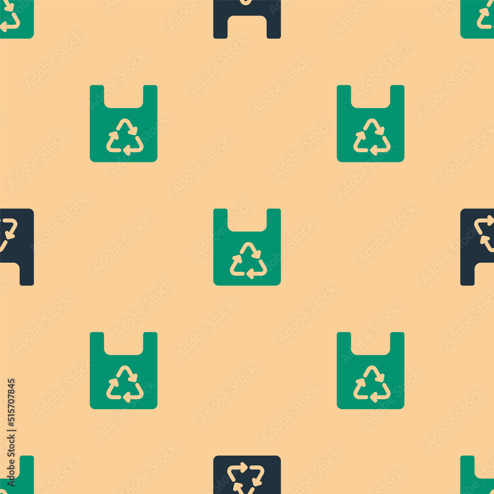 绿色和黑色纸质购物袋，米色背景上有回收图标隔离无缝图案。