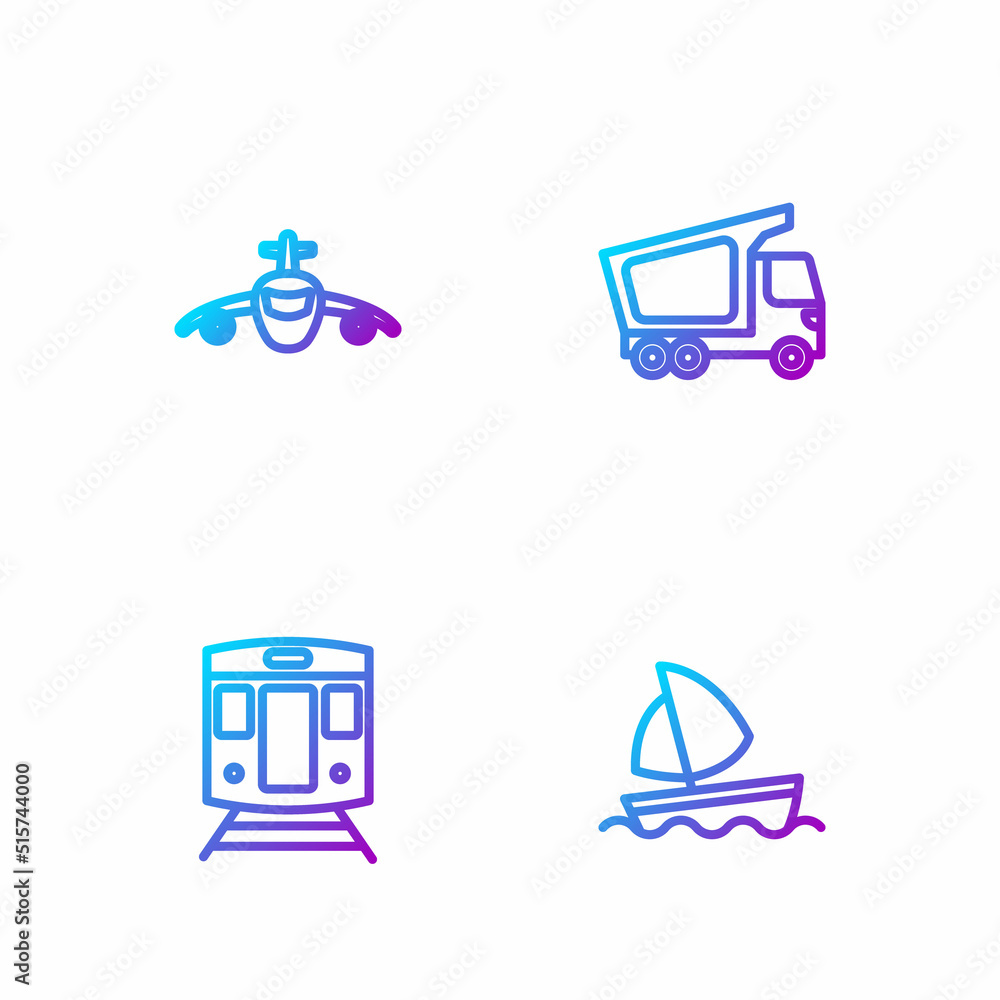 Set line Yacht sailboat, Train and railway, Plane and Delivery cargo truck. Gradient color icons. Ve