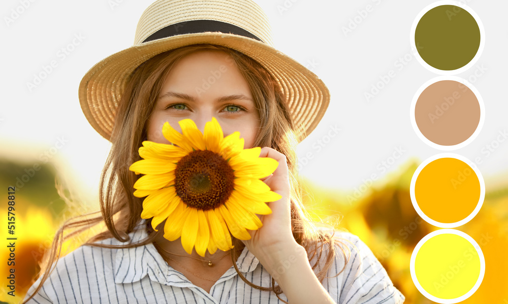 美丽的年轻女子，夏日里有新鲜的向日葵。不同颜色的样品