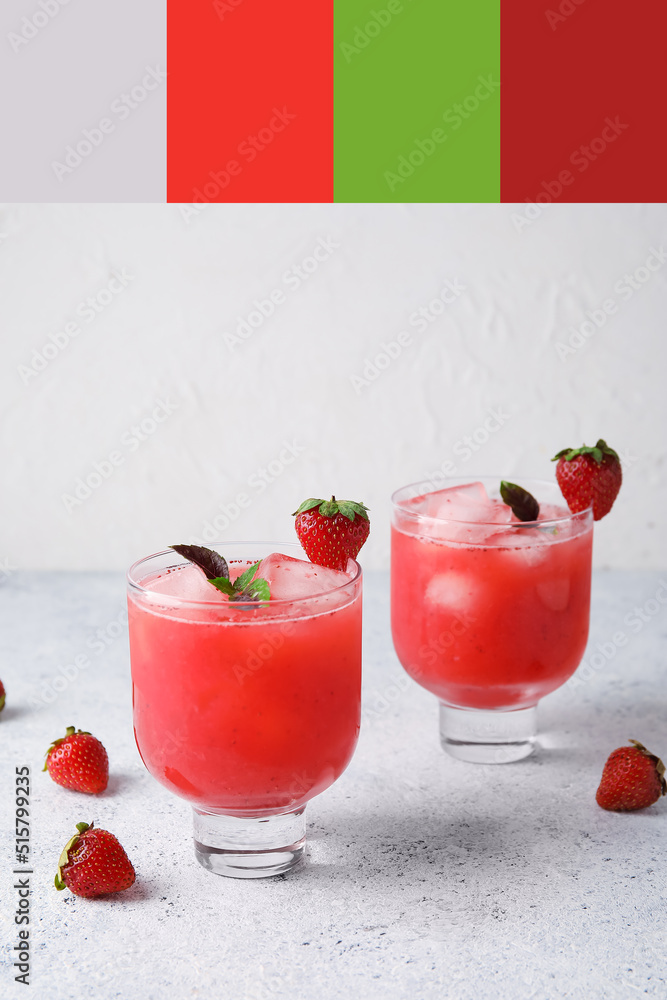 Glasses of tasty strawberry margarita on light background. Different color patterns