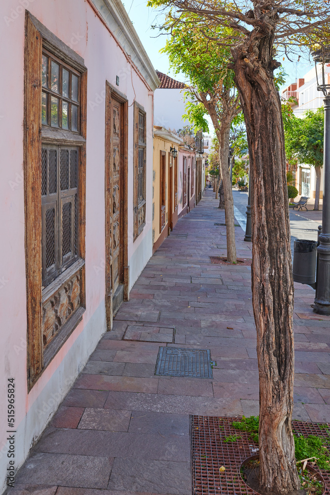 Santa C安静街道上的城市景观铺砌人行道，人行道上有树木和住宅或建筑物