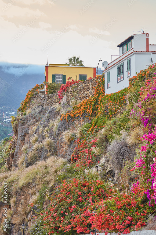 西班牙拉帕尔马圣克鲁斯山崖上住宅楼或房屋的城市景观。历史