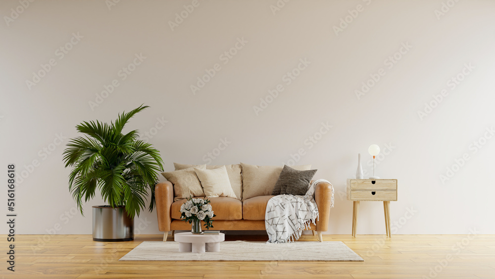 暖色调的墙壁模型，客厅配有皮沙发和装饰。