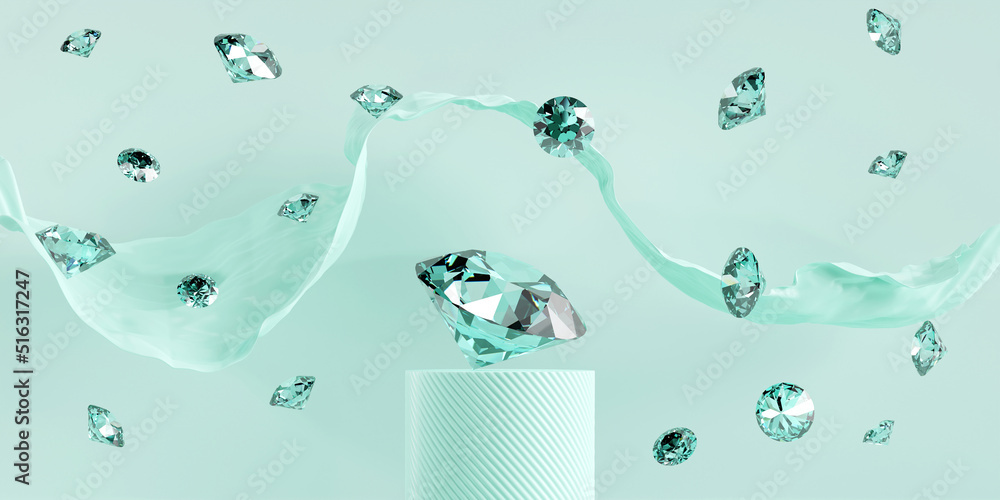 绿色钻石宝石掉落薄荷色背景3d渲染图