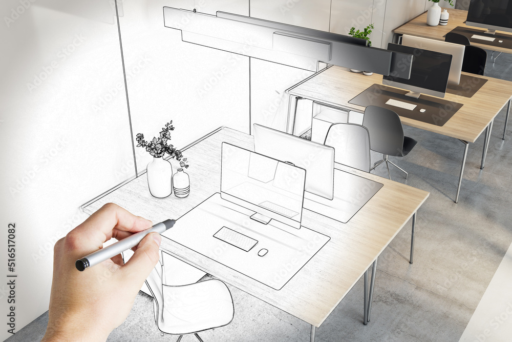 手绘现代办公室内平面图。蓝图和工作场所概念。