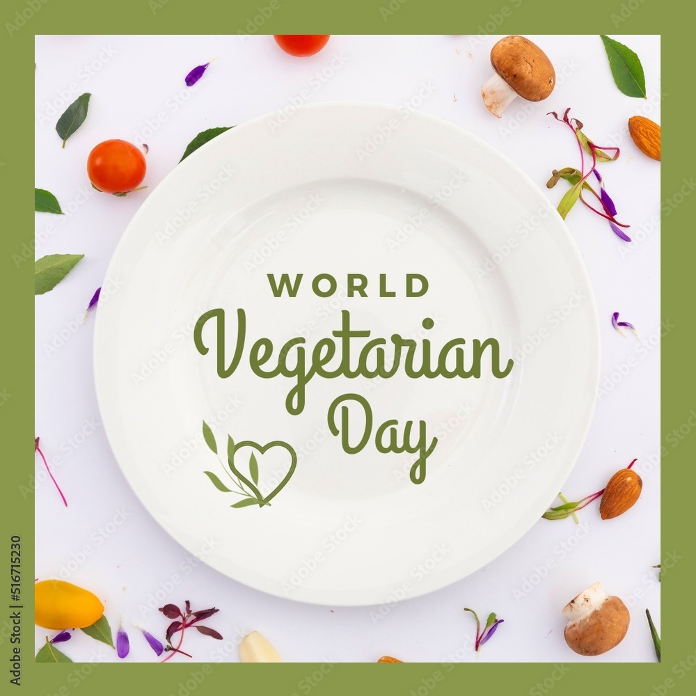 Square image of world vegetarian day text with plate and vegetables