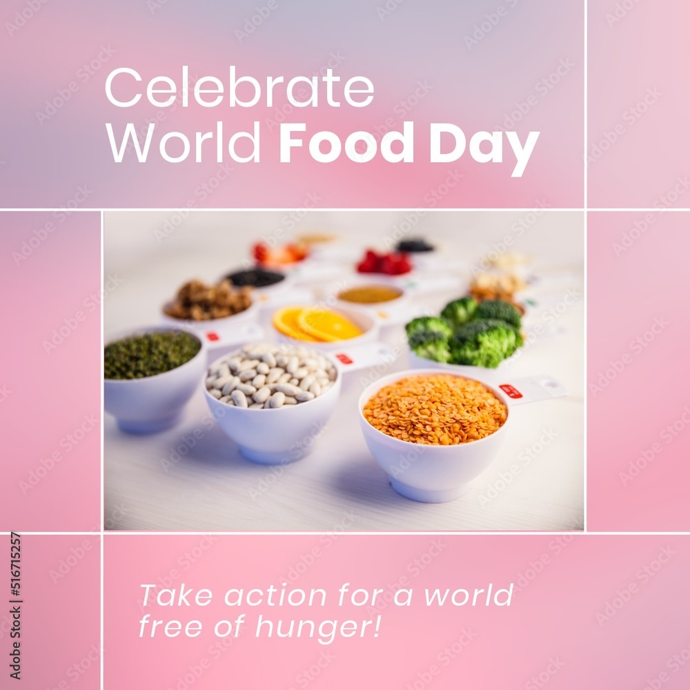 粉红色背景和盛有配料的碗上的世界粮食日图片
