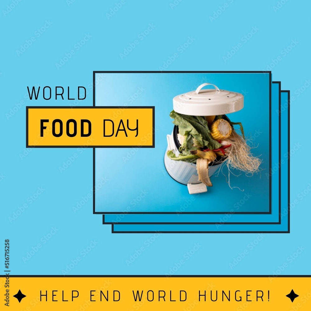 Image of world food day on blue background and bin with vegetable scraps