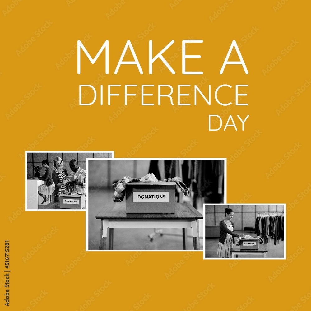 Image of make a difference day on yelow background with photos on donation bags
