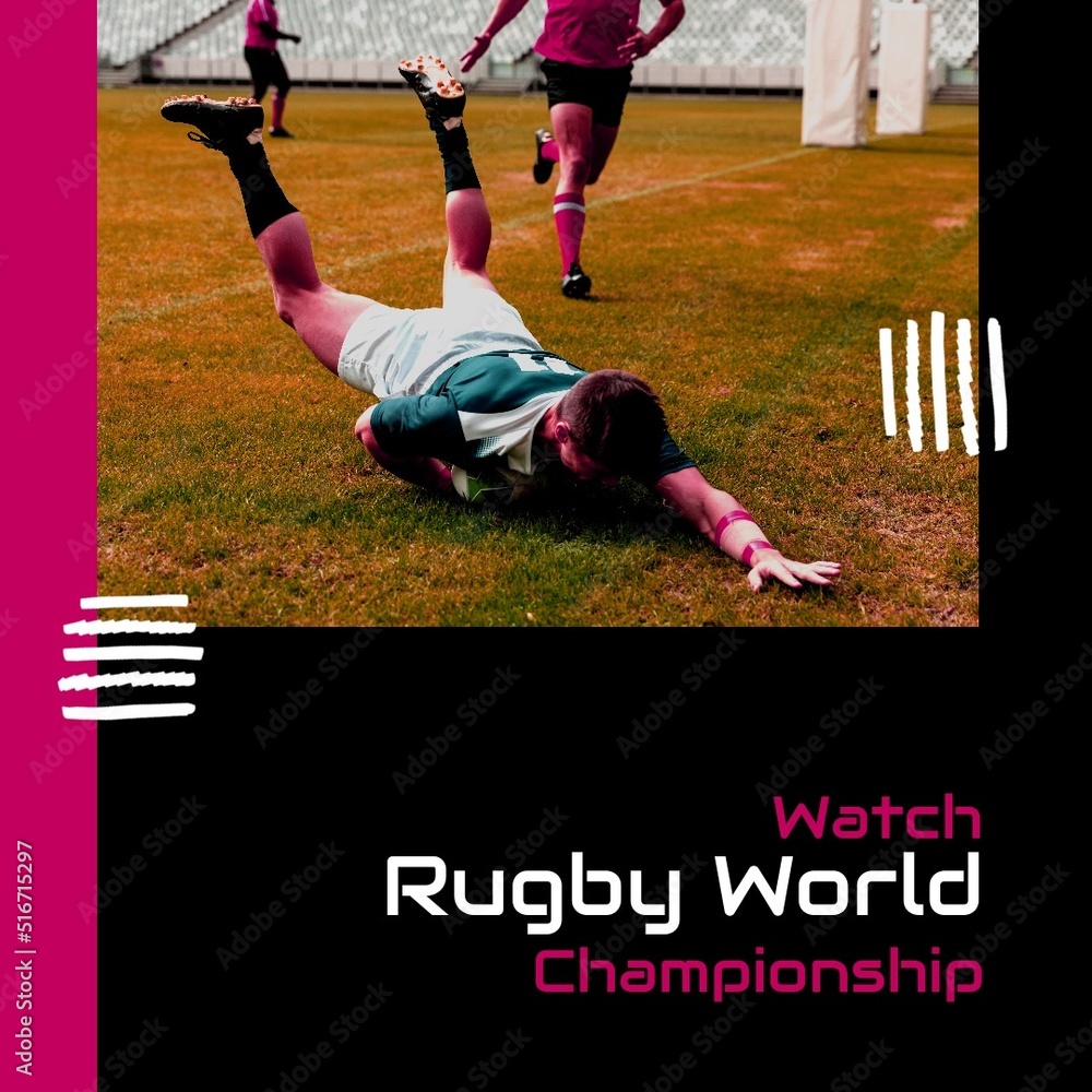 Image of rugby world championship over caucasian male rugby players