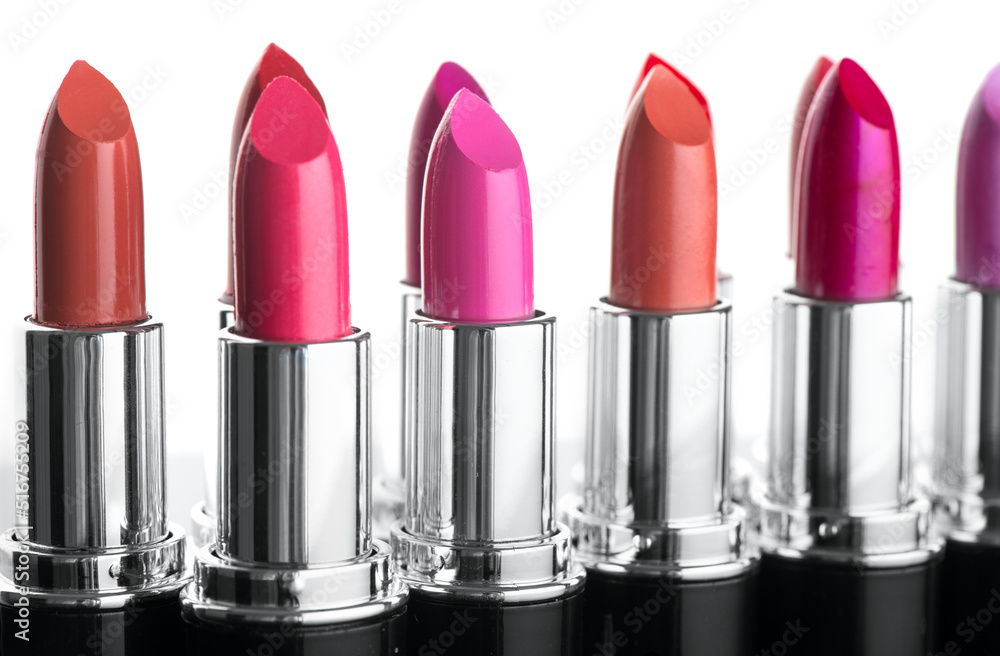 Lipstick. Fashion Colorful Lipsticks isolated on white background. Lipstick tints palette, Professio