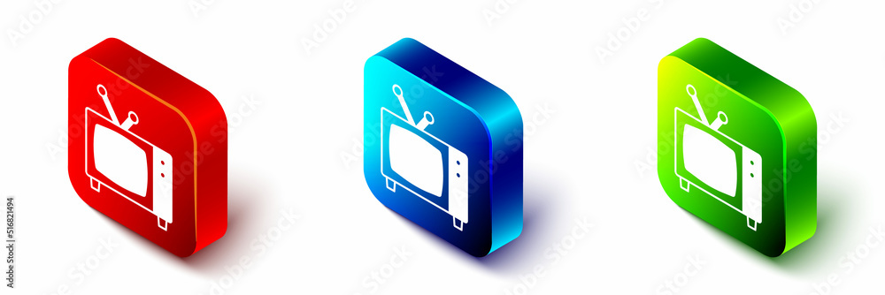 白色背景上隔离的等距复古电视图标。电视标志。红、蓝、绿方形bu