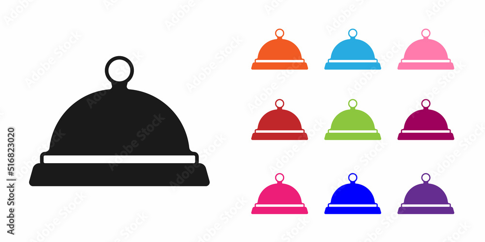 Black Covered with a tray of food icon isolated on white background. Tray and lid sign. Restaurant c