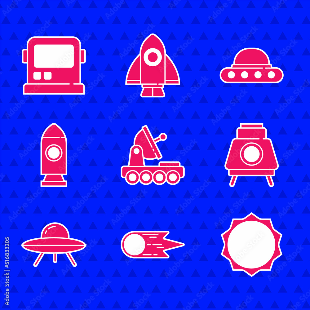 设置火星车、彗星快速坠落、太阳、不明飞行物飞行飞船、火箭和宇航员头盔ico
