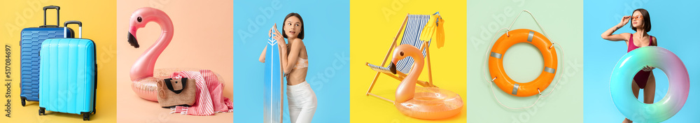 夏季拼贴画，年轻女性、充气环、行李箱、冲浪板和彩色靠背躺椅