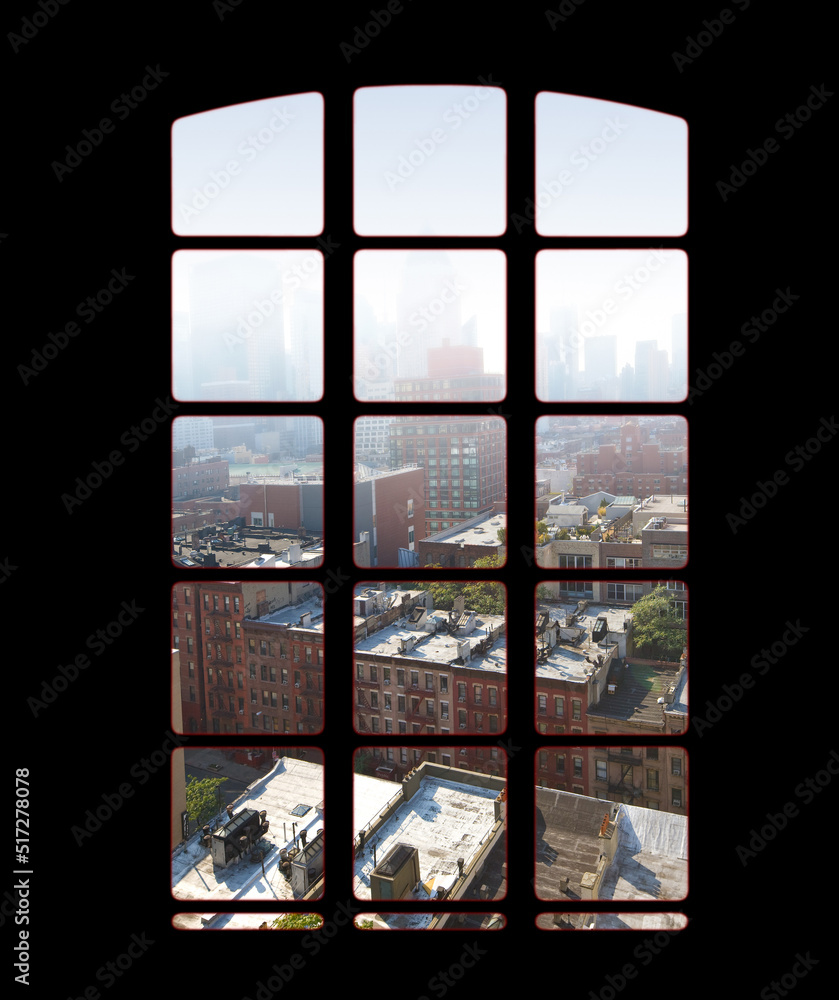 City skyline from an apartment or office window on a bright sunny day. View from inside an empty dar