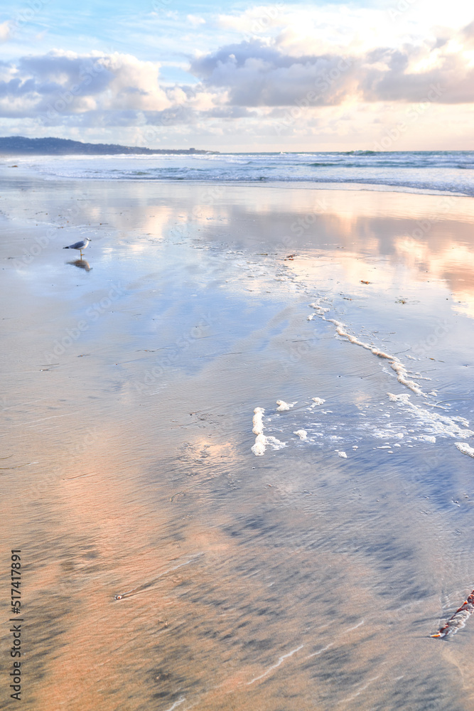 A beach of Torrey Pines, San Diego, California Landscape of empty beach shallow shoreline. Cloudy sk