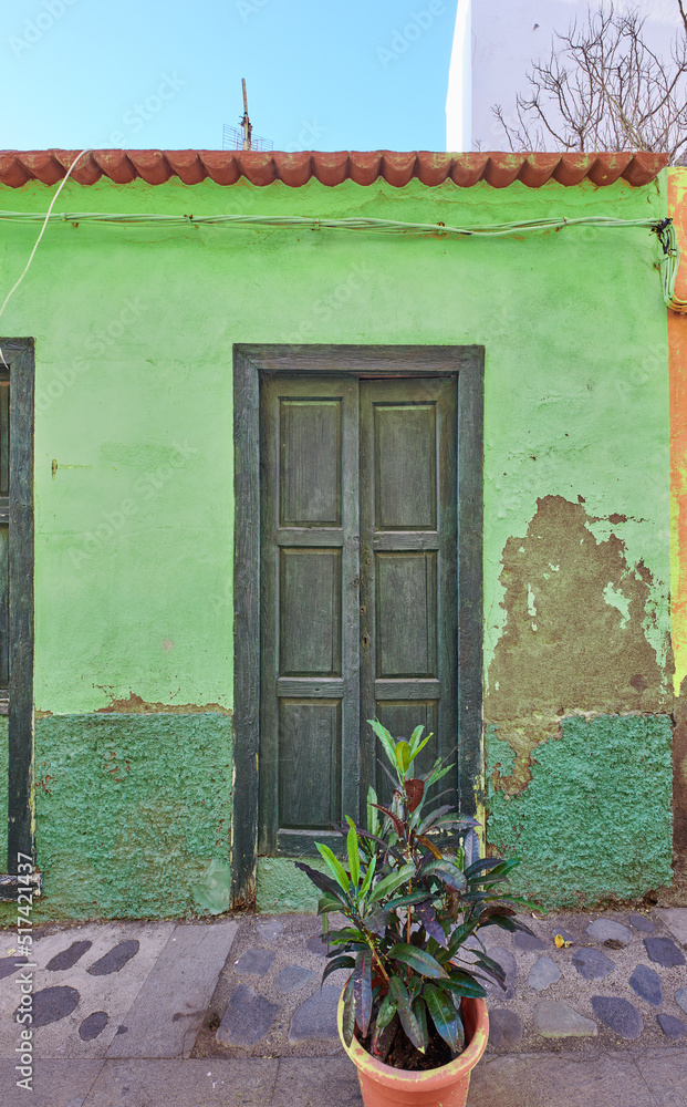 古老的废弃房屋或房屋，有风化的绿色墙壁和老化的木门。复古和老化的树脂