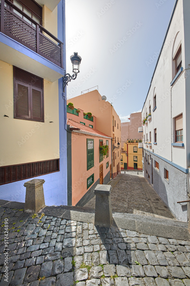 拉帕尔马圣克鲁斯安静小巷中五颜六色的住宅或建筑的街景，