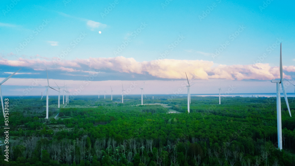 海洋附近森林中环境风力涡轮机的无人机风景镜头。绿色可再生