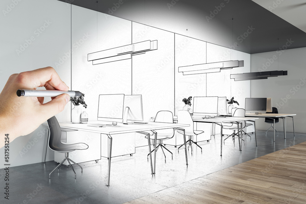 手绘现代共享办公室内平面图。蓝图和工作场所概念。