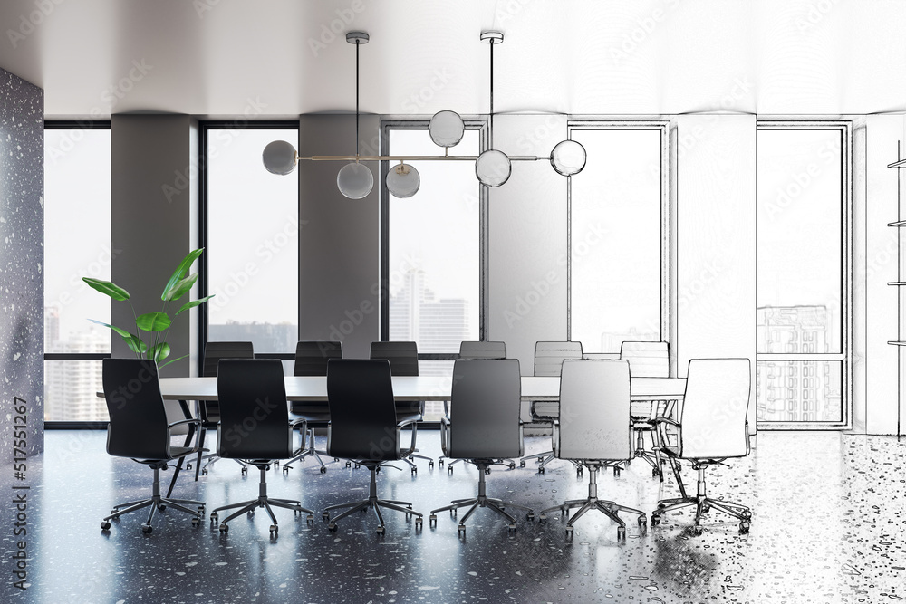 Creative hand drawn sketch of modern meeting room interior with furniture and panoramic city view. S