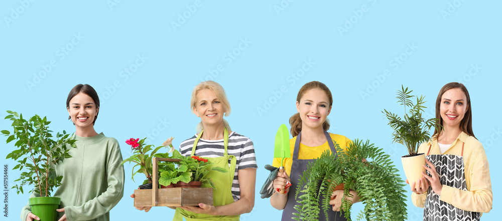 一组浅蓝色背景上有植物的女性园丁