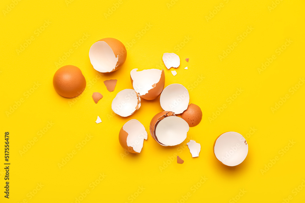 黄色背景上的碎蛋壳