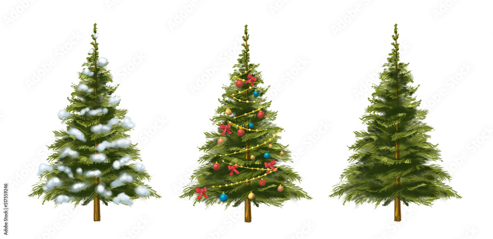 三棵圣诞树被隔离。有雪的圣诞树。有球和花环的圣诞树