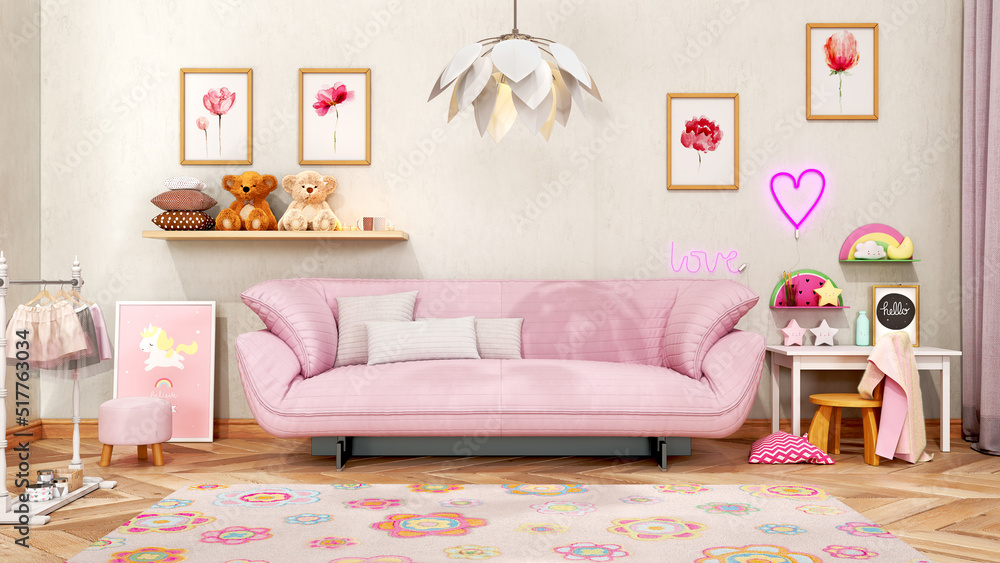 Stylish pinky girls children room with sofa-bed, soft carpet and tender decor, 3d illustration