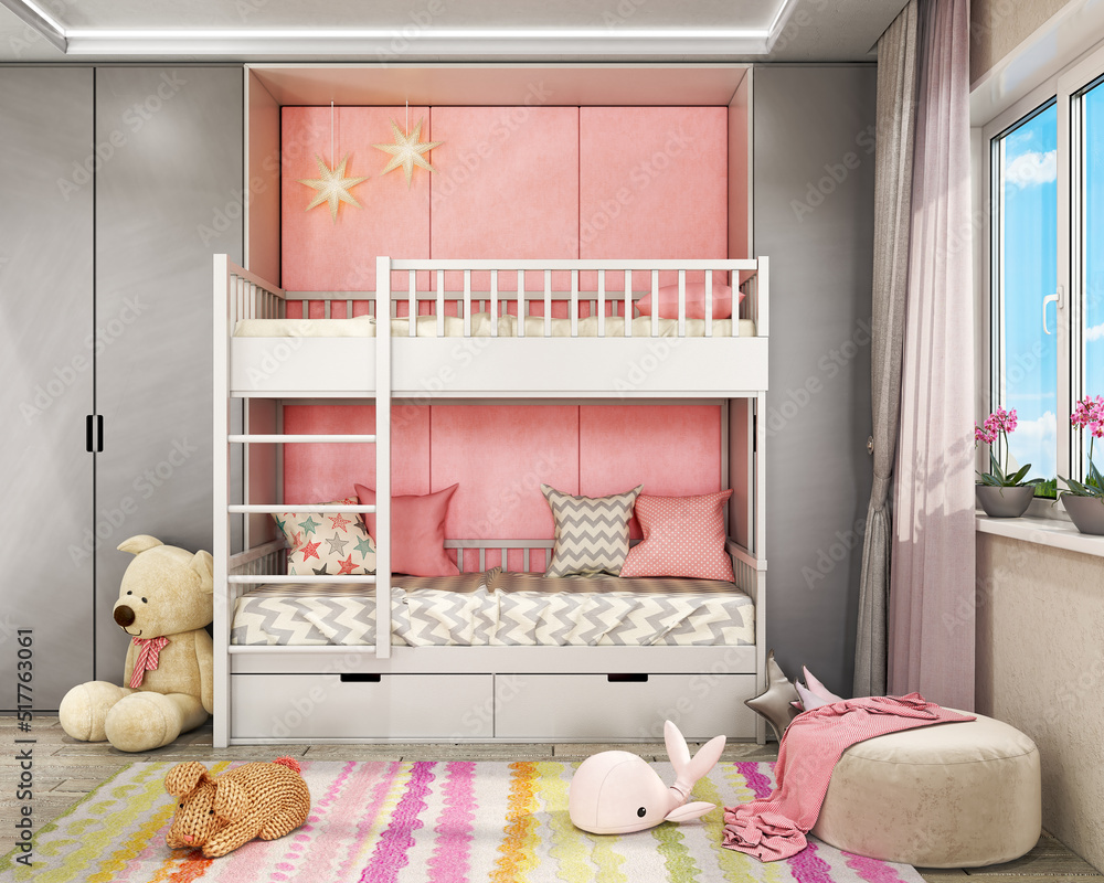 Tender girls children room with white bunk bed installed in wardrobe, lot of stuffed toys and flowe