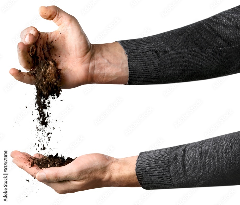 Soil in hands for check the quality. Soil before seed plant. Future agriculture concept.