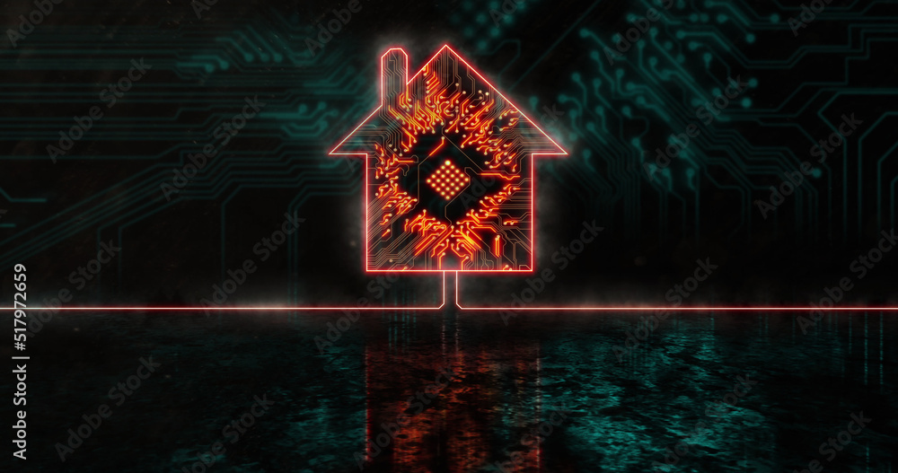 蓝色处理器插座上发光的橙色房屋图标的图像