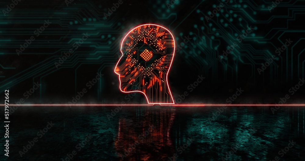 Image of glowing orange human head k over blue processor socket