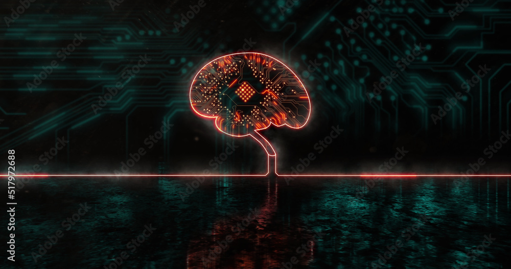 Image of glowing orange human brain over blue processor socket
