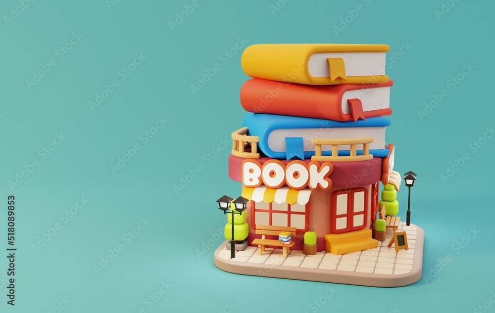 书店小商店概念。最小的商店建筑。3D渲染插图