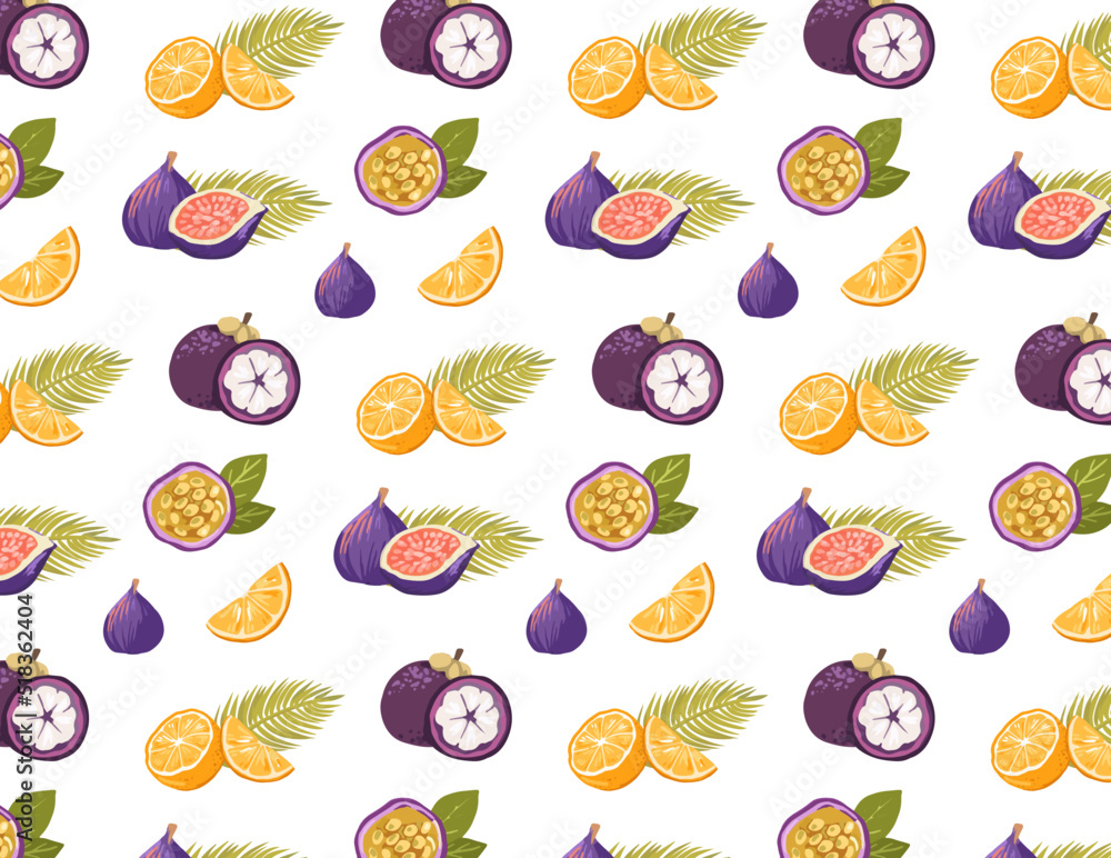 彩色热带水果和棕榈叶图案矢量插图，白色背景