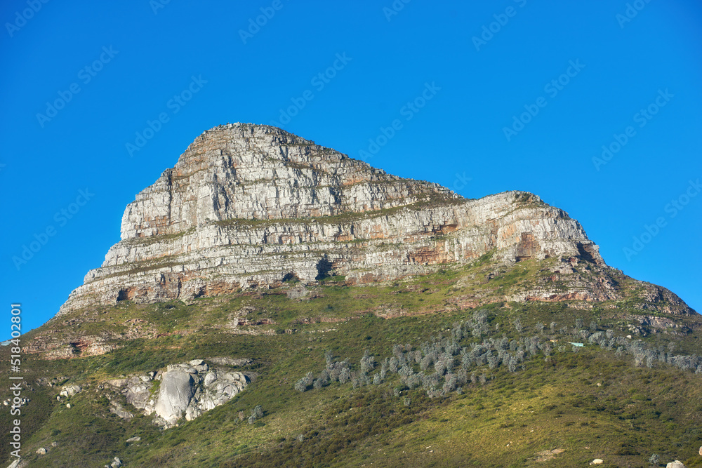 Beautiful Lions Head mountain on clear blue sky with copy space. Summer landscape of mountains with 