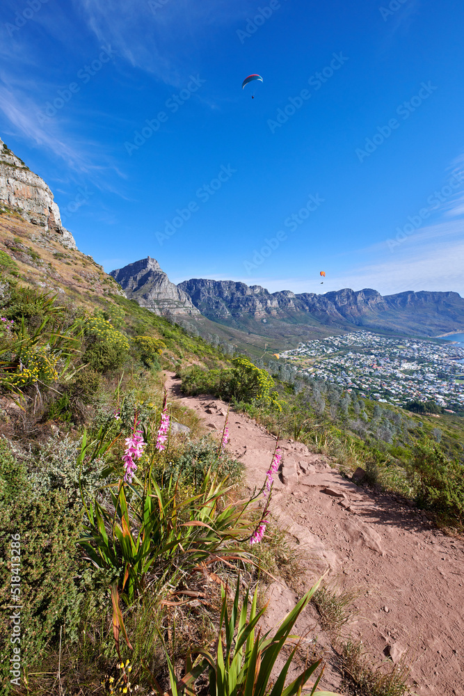 Scenic mountain hiking trail near a coastal city on a sunny day. Quiet nature landscape of a rural t