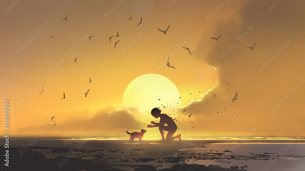 Puppy looking at the boy shattering into dust against the sutset background, digital art style, illu