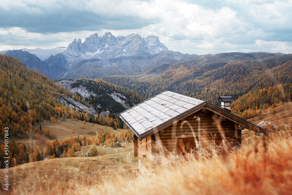 意大利多洛米蒂阿尔卑斯山瓦尔弗雷达山谷令人难以置信的秋景。木屋，黄色草地，奥兰