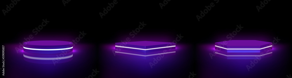 霓虹灯讲台3D设置在黑色背景上。矢量抽象发光基座，舞台平台未来主义者