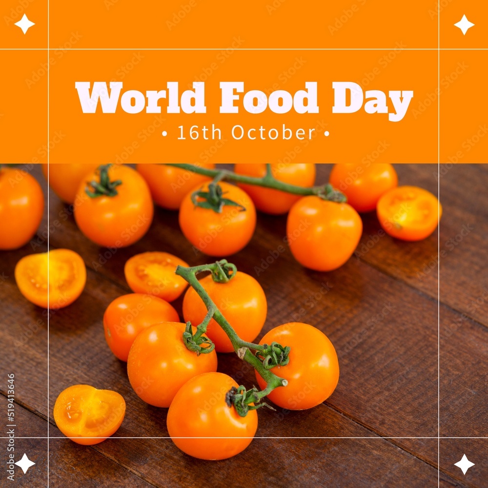 番茄橙色背景下的世界粮食日图片