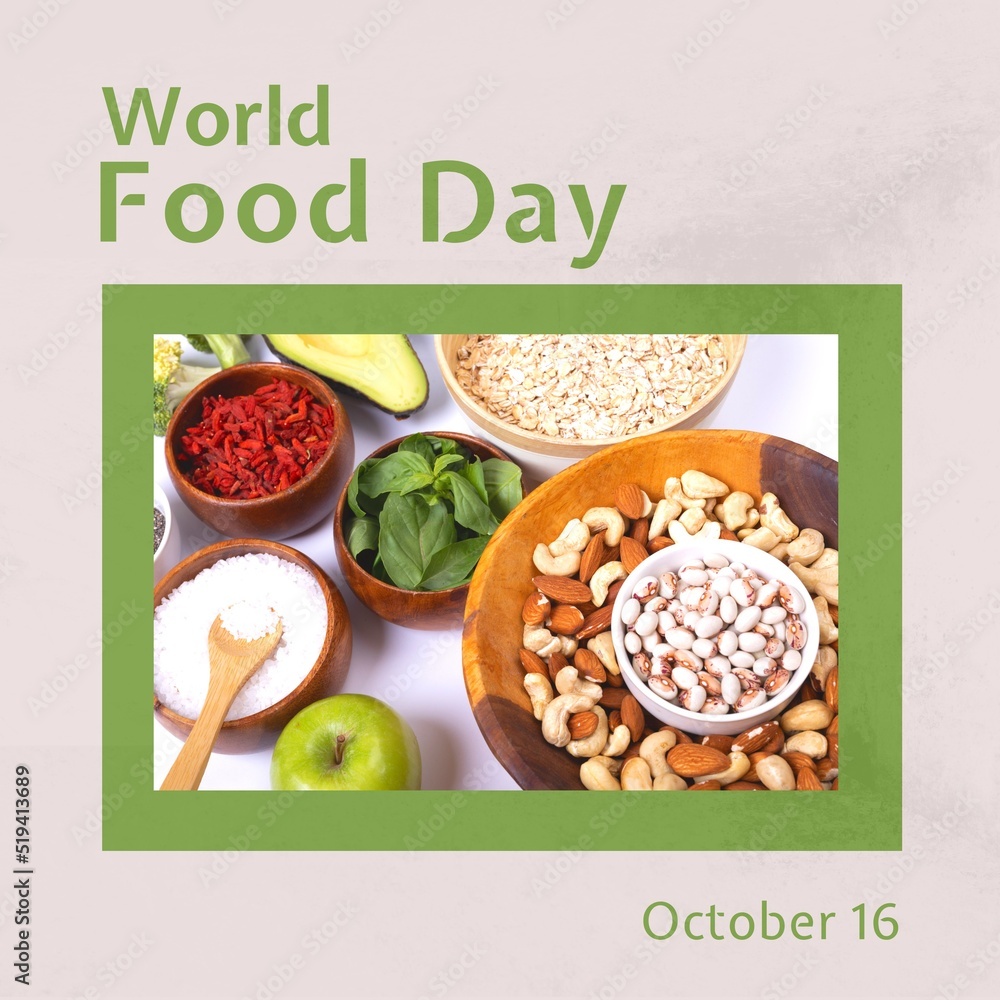 世界粮食日图片，照片上的碗里有各种各样的食物