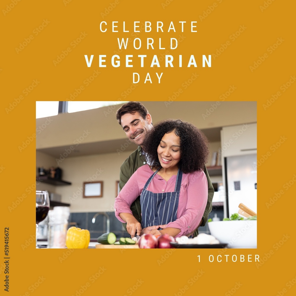 Composition of world vegetarian day text over diverse couple cooking in kitchen