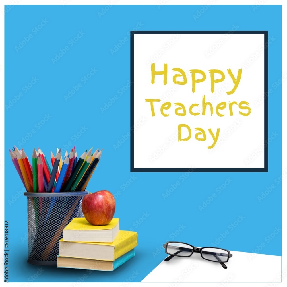 书籍、彩色铅笔和苹果的数字图像，蓝色背景上有快乐的教师节文本