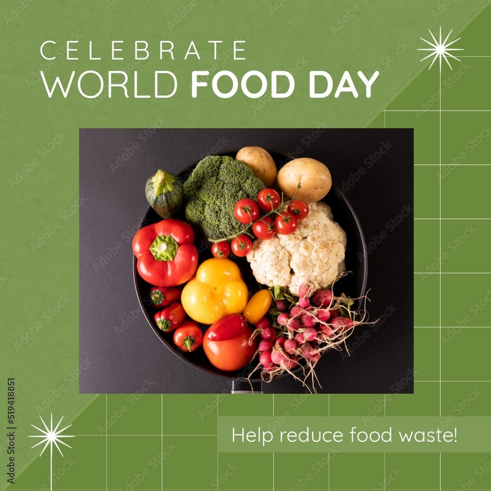 碗里的新鲜蔬菜庆祝世界粮食日，有助于减少绿色框架中的食物浪费文本