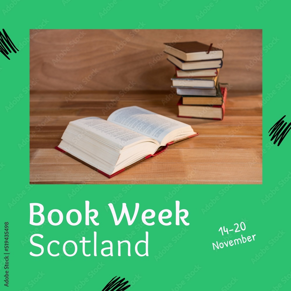 图书周苏格兰文本与绿色背景书籍的组合